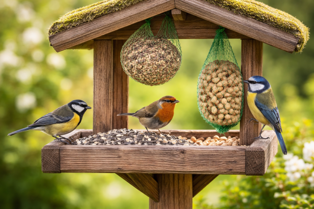 Vogelfütterung im Garten mit Wildvögeln
