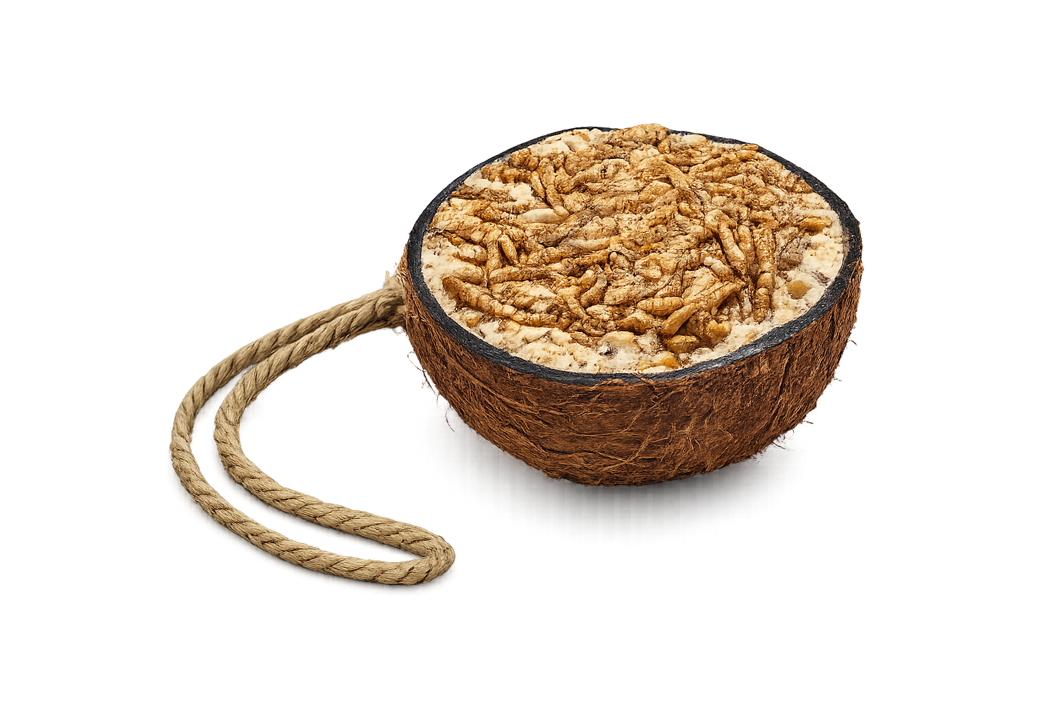 Halbe gefüllte Kokosnuss mit Mehlwürmern