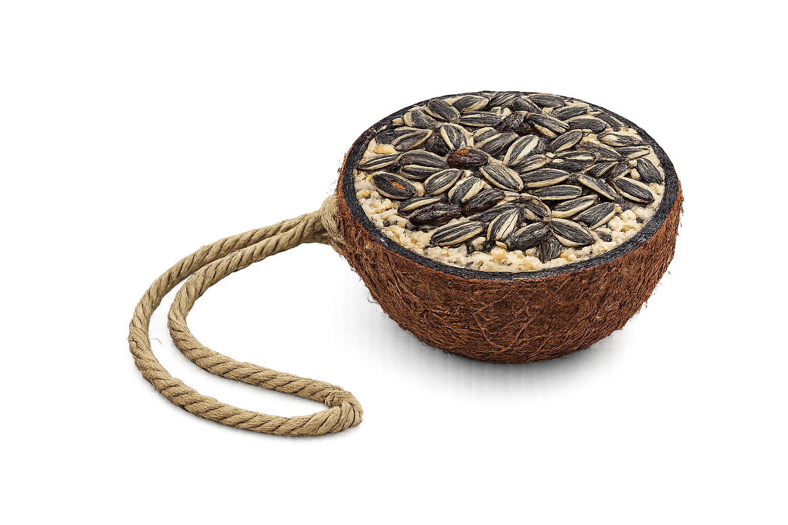 Halbe gefüllte Kokosnuss mit gestreiften Sonnenblumenkernen